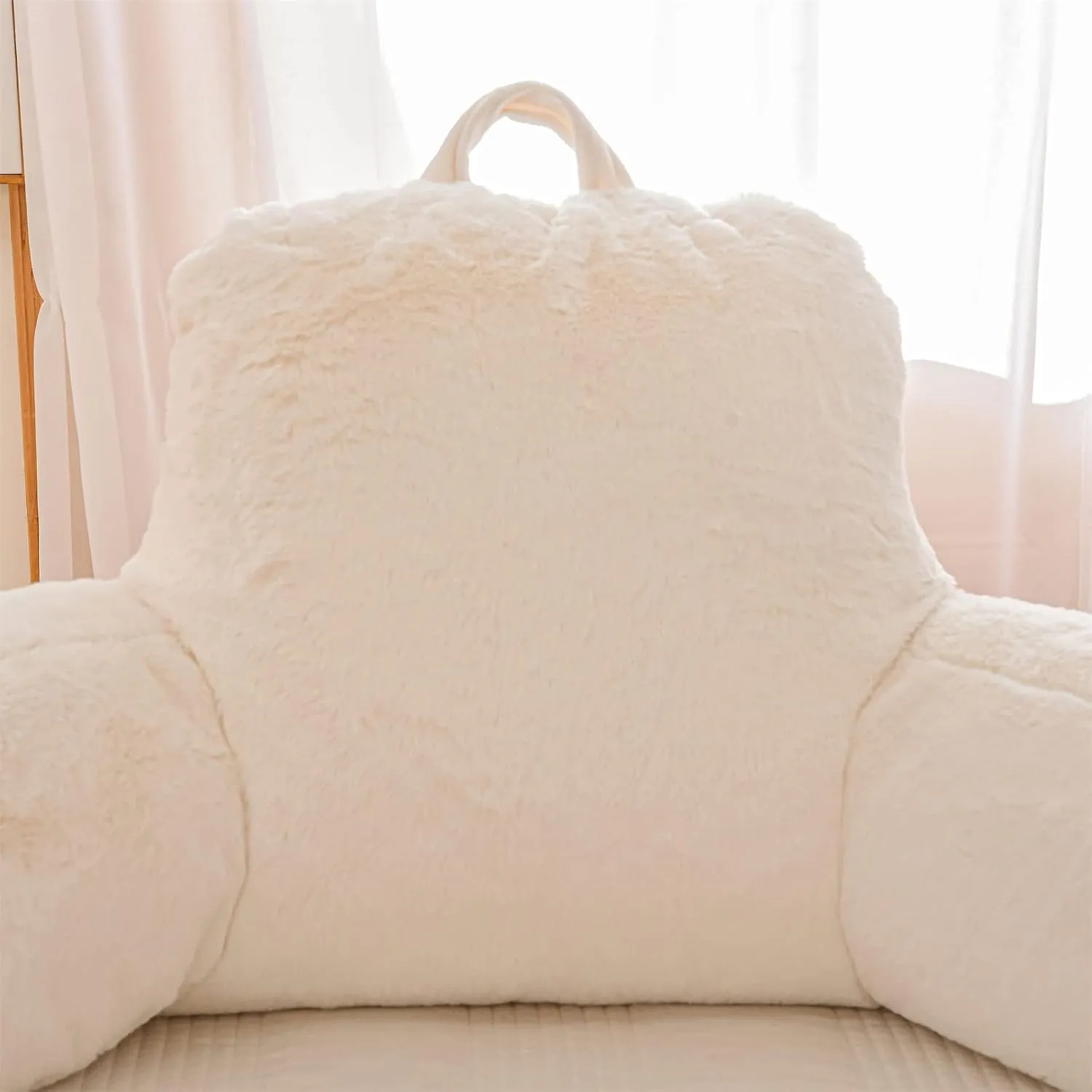 A Nice Night Faux Fur Reading Pillow Bed Wedge Large Adult Children Backrest with Arms Back Support for Sitting Up in Bed/Couch for Bedrest,Ivory