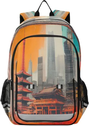 Abstract Tower Buildings and Skyscrapers Multi Compartment Student Backpack Reflective Stripes Travel Bag Casual Daypack School Bags for Boys Girls
