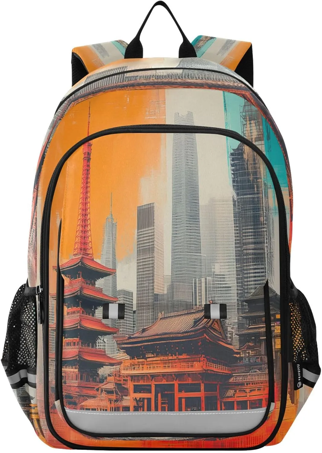 Abstract Tower Buildings and Skyscrapers Multi Compartment Student Backpack Reflective Stripes Travel Bag Casual Daypack School Bags for Boys Girls