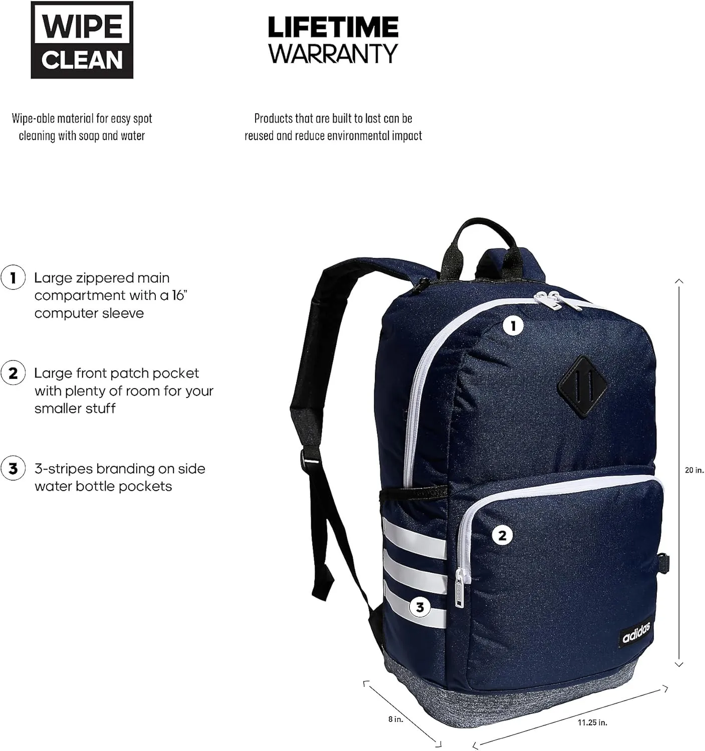 adidas 3-Stripe Classic Backpack for Men and Women, Bag with Laptop Sleeve, Collegiate Navy/Jersey Onix Grey/White/4.0, One Size