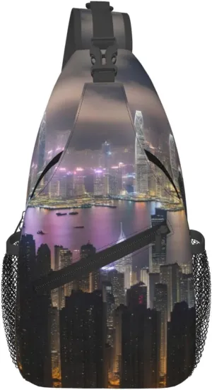Aerial Night Of View Hong Kong Print Trendy Casual Crossbody Bag Convertible Shoulder Strap Women Men Travel Hiking Daypack