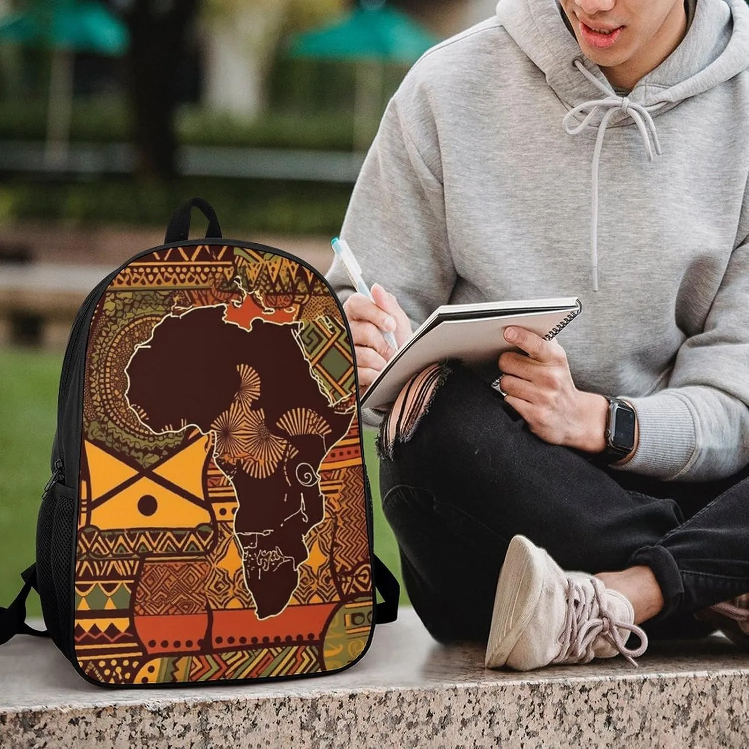 African Map Ethnic Pattern Backpack, Laptop Backpack for Men, 17 Inch Travel Hiking Daypack, Casual Backpack