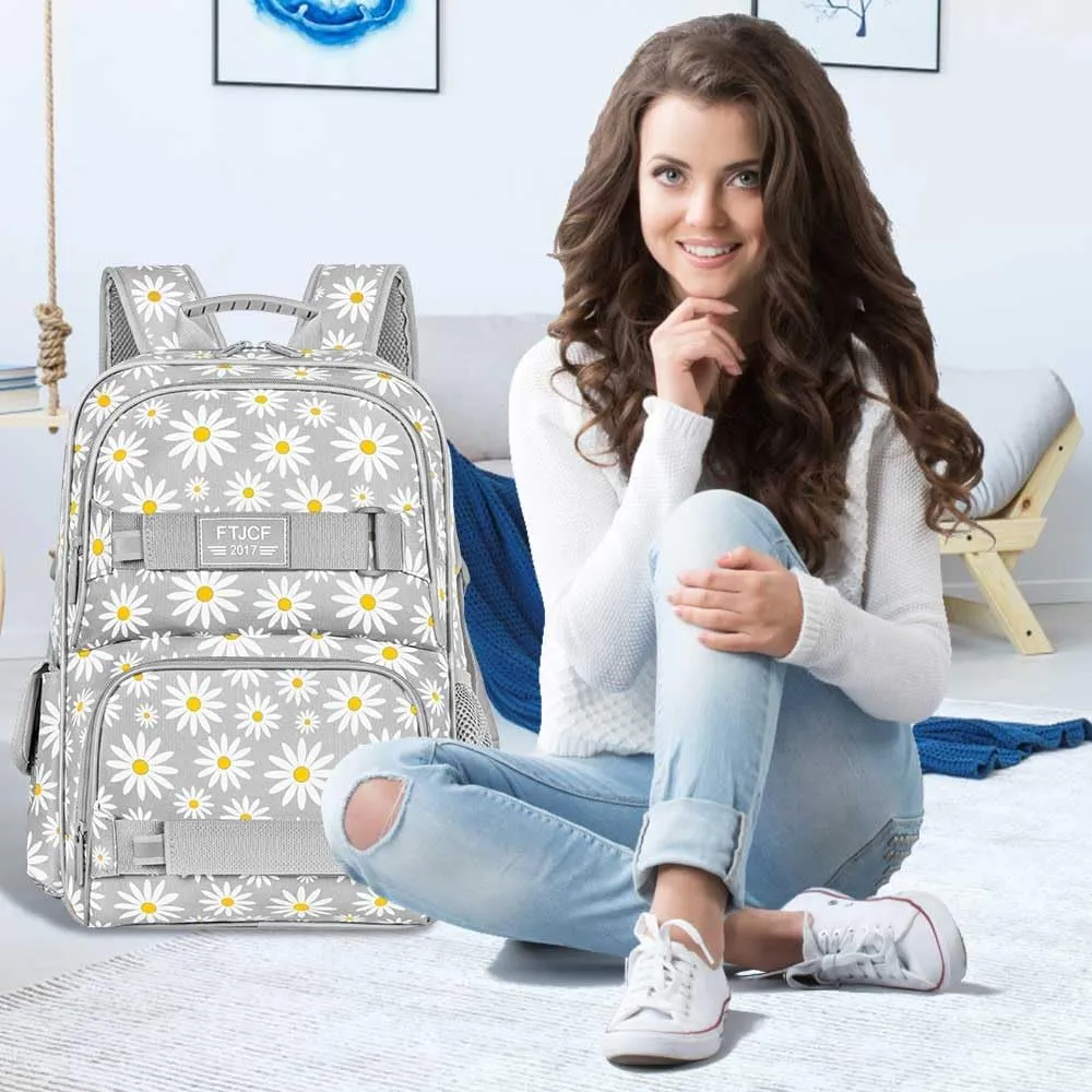 AGSDON 3PCS Daisy Girls Backpack, 17 Inch Laptop School Bookbag Teen College Water Resistant Kids Backpacks with Lunch Box Set - Grey