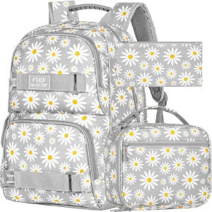 AGSDON 3PCS Daisy Girls Backpack, 17 Inch Laptop School Bookbag Teen College Water Resistant Kids Backpacks with Lunch Box Set - Grey