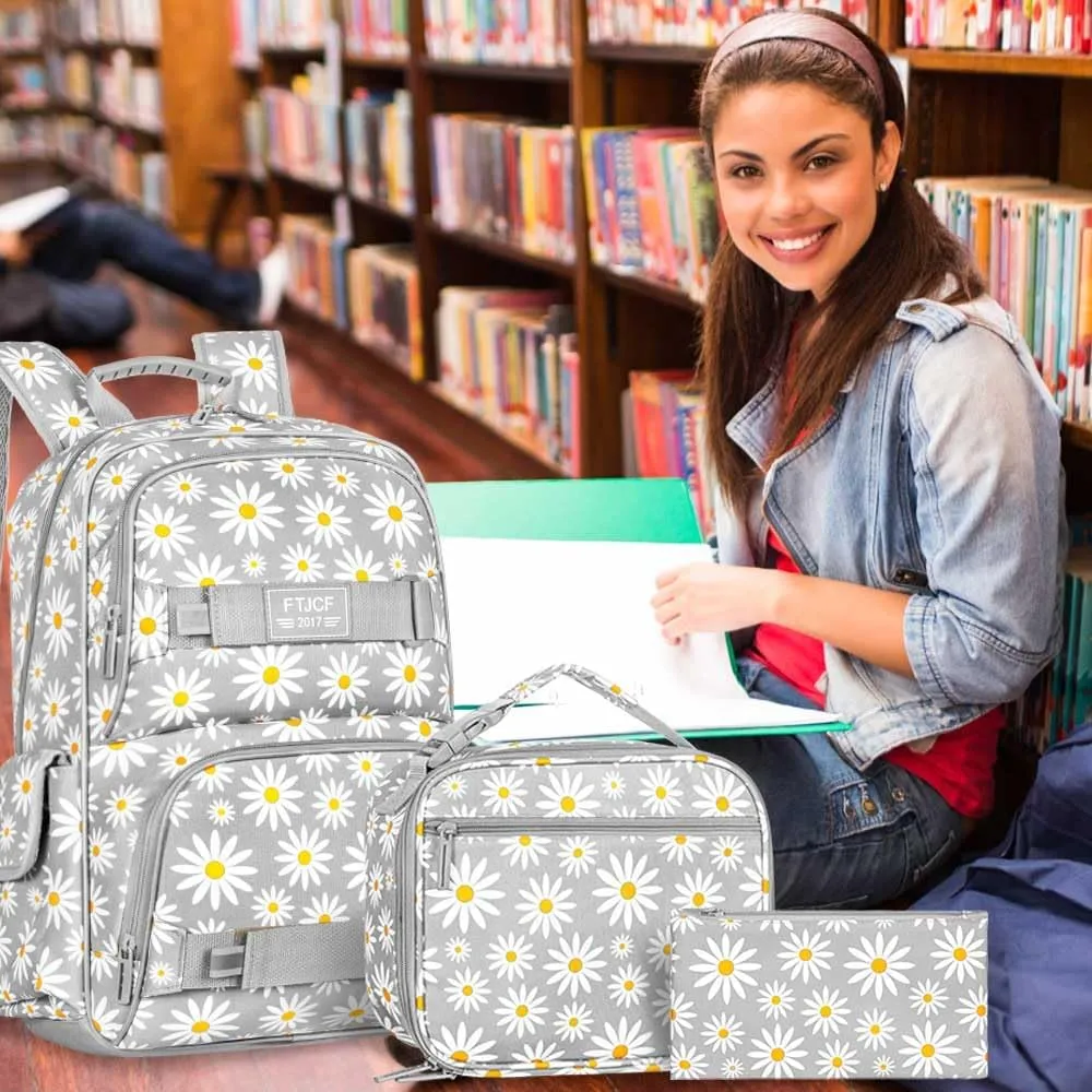 AGSDON 3PCS Daisy Girls Backpack, 17 Inch Laptop School Bookbag Teen College Water Resistant Kids Backpacks with Lunch Box Set - Grey