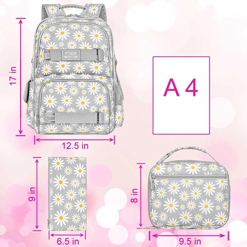 AGSDON 3PCS Daisy Girls Backpack, 17 Inch Laptop School Bookbag Teen College Water Resistant Kids Backpacks with Lunch Box Set - Grey