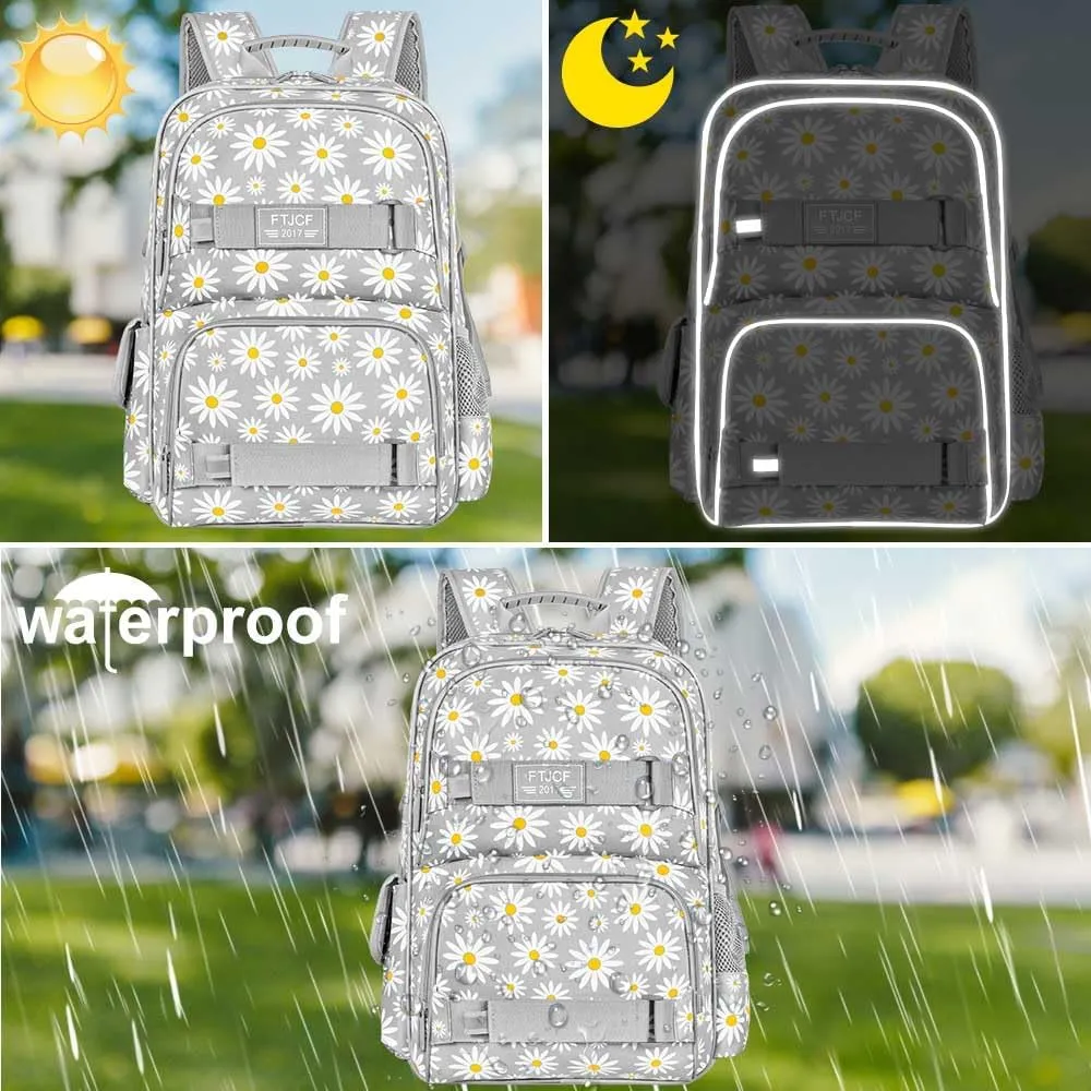 AGSDON 3PCS Daisy Girls Backpack, 17 Inch Laptop School Bookbag Teen College Water Resistant Kids Backpacks with Lunch Box Set - Grey