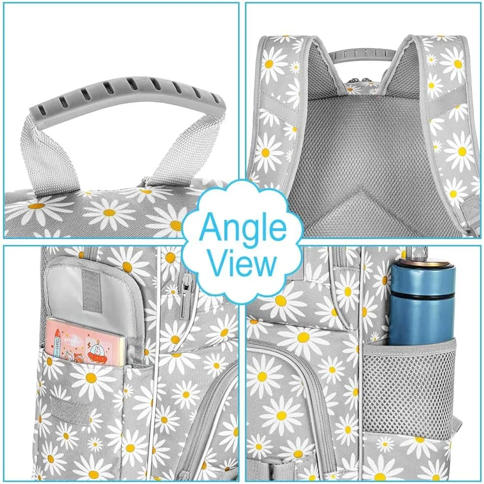 AGSDON 3PCS Daisy Girls Backpack, 17 Inch Laptop School Bookbag Teen College Water Resistant Kids Backpacks with Lunch Box Set - Grey