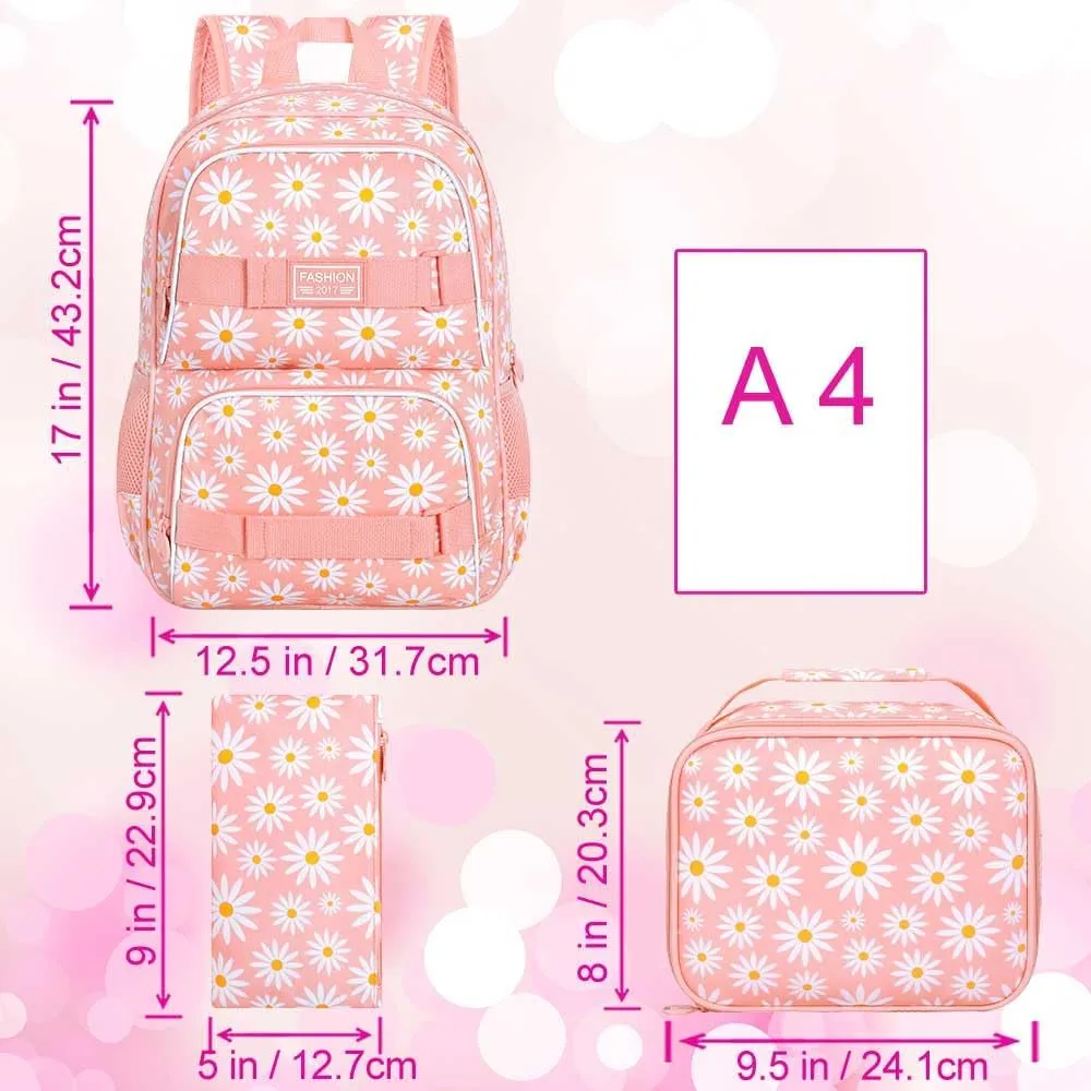 AGSDON 3PCS Daisy Girls Backpack, 17 Inch Laptop School Bookbag Teen College Water Resistant Kids Backpacks with Lunch Box Set - Pink