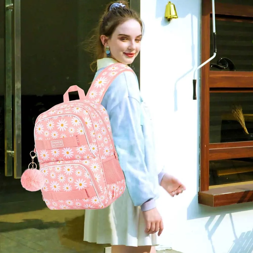 AGSDON 3PCS Daisy Girls Backpack, 17 Inch Laptop School Bookbag Teen College Water Resistant Kids Backpacks with Lunch Box Set - Pink