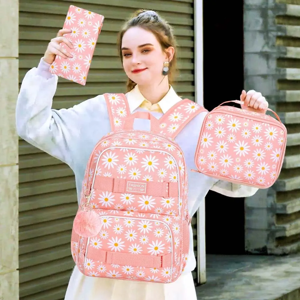 AGSDON 3PCS Daisy Girls Backpack, 17 Inch Laptop School Bookbag Teen College Water Resistant Kids Backpacks with Lunch Box Set - Pink