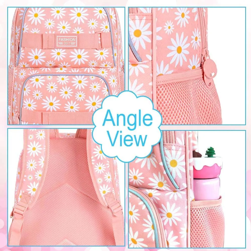 AGSDON 3PCS Daisy Girls Backpack, 17 Inch Laptop School Bookbag Teen College Water Resistant Kids Backpacks with Lunch Box Set - Pink