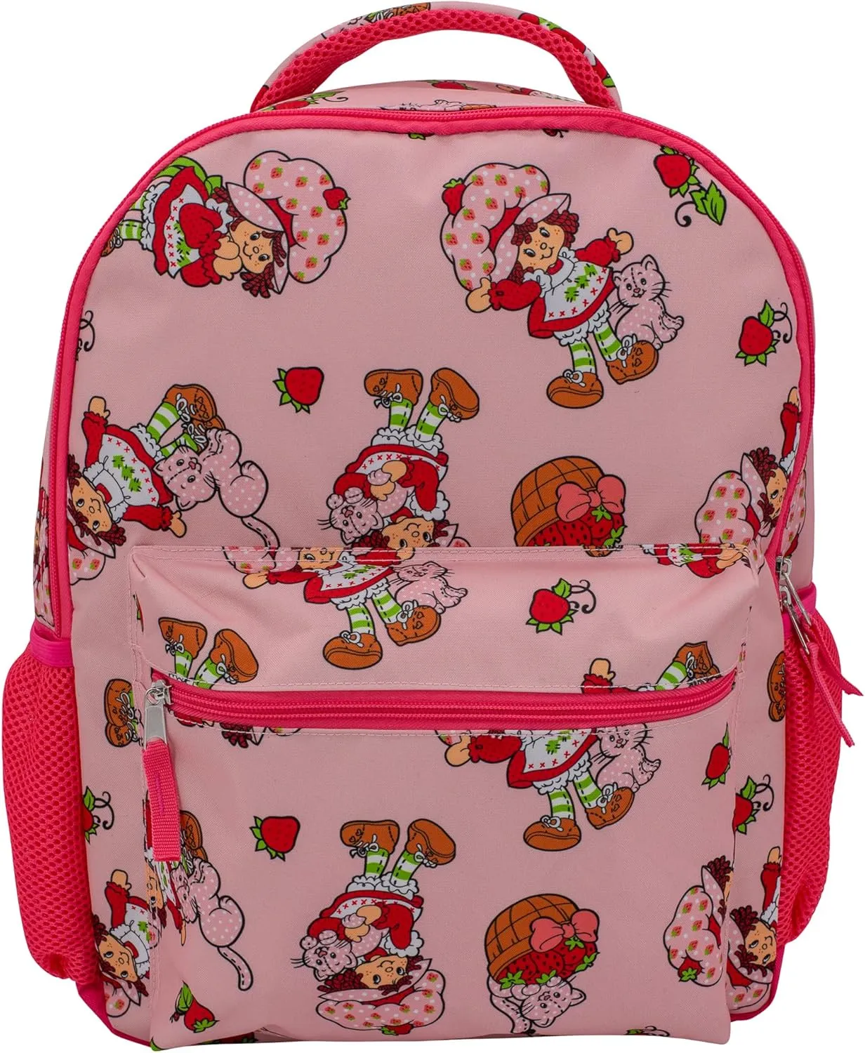 AI ACCESSORY INNOVATIONS Strawberry Shortcake 16” Backpack With Front Pocket for Girls, Allover Print Bookbag featuring Strawberry & Custard, Pink