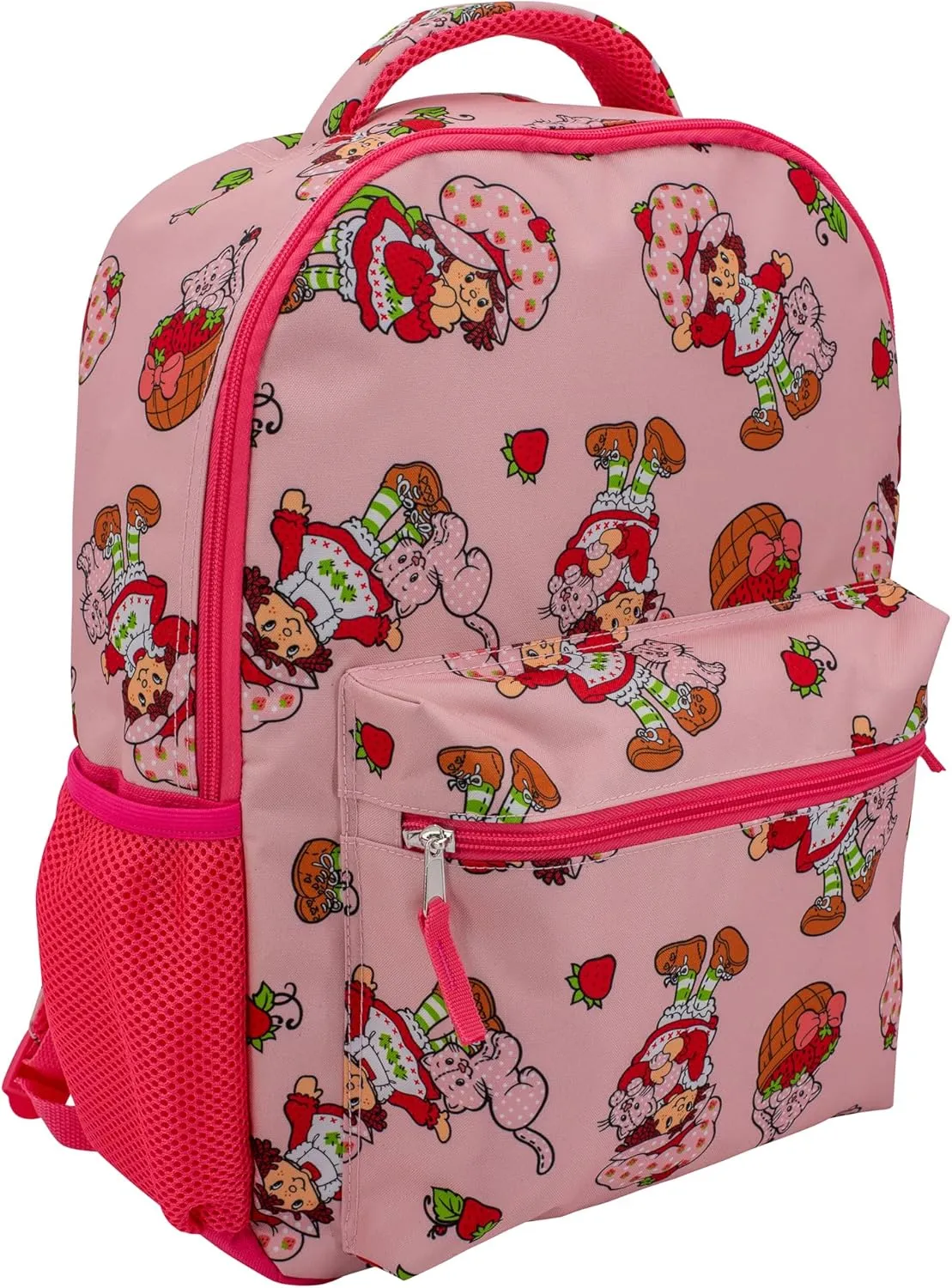 AI ACCESSORY INNOVATIONS Strawberry Shortcake 16” Backpack With Front Pocket for Girls, Allover Print Bookbag featuring Strawberry & Custard, Pink