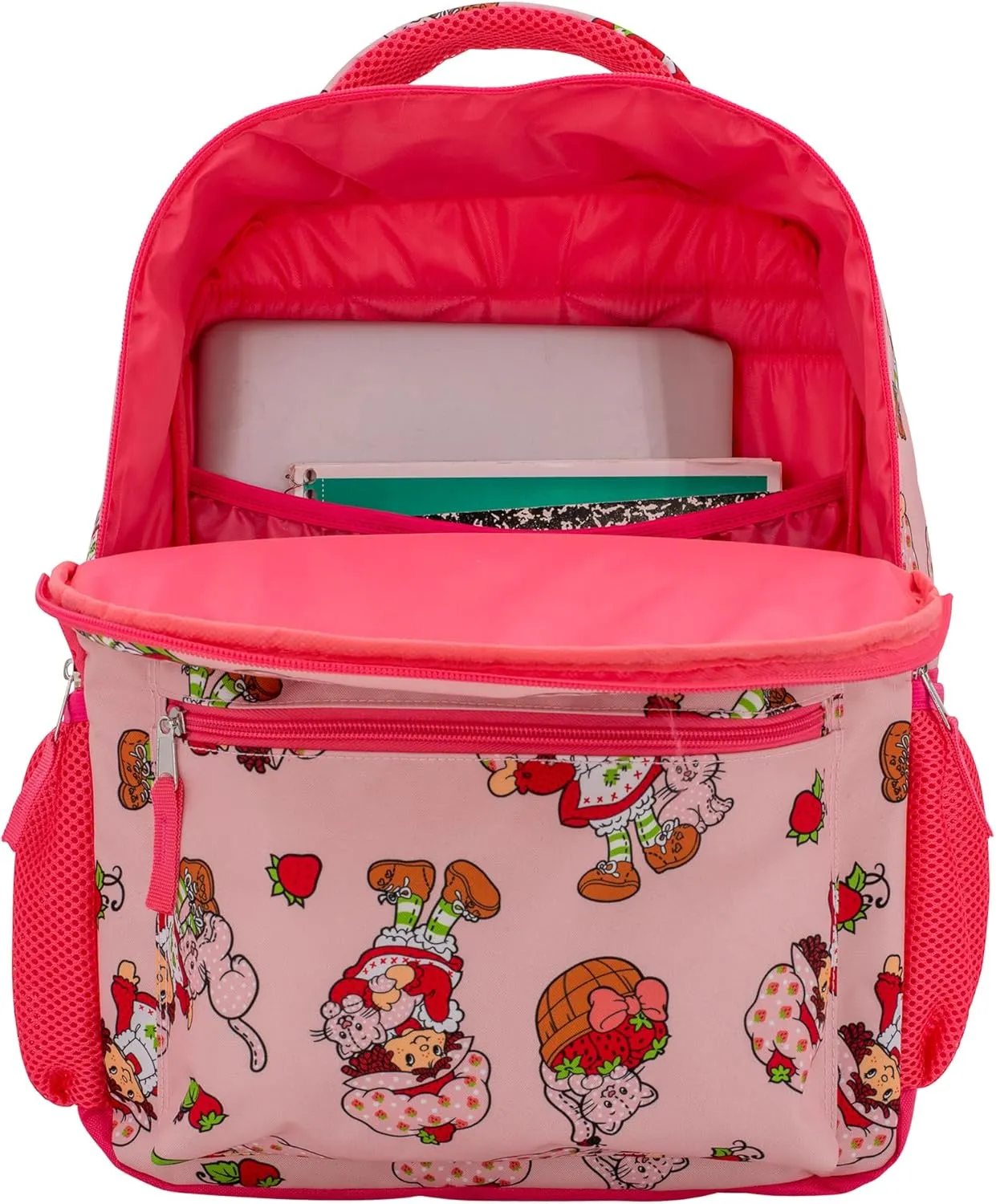 AI ACCESSORY INNOVATIONS Strawberry Shortcake 16” Backpack With Front Pocket for Girls, Allover Print Bookbag featuring Strawberry & Custard, Pink