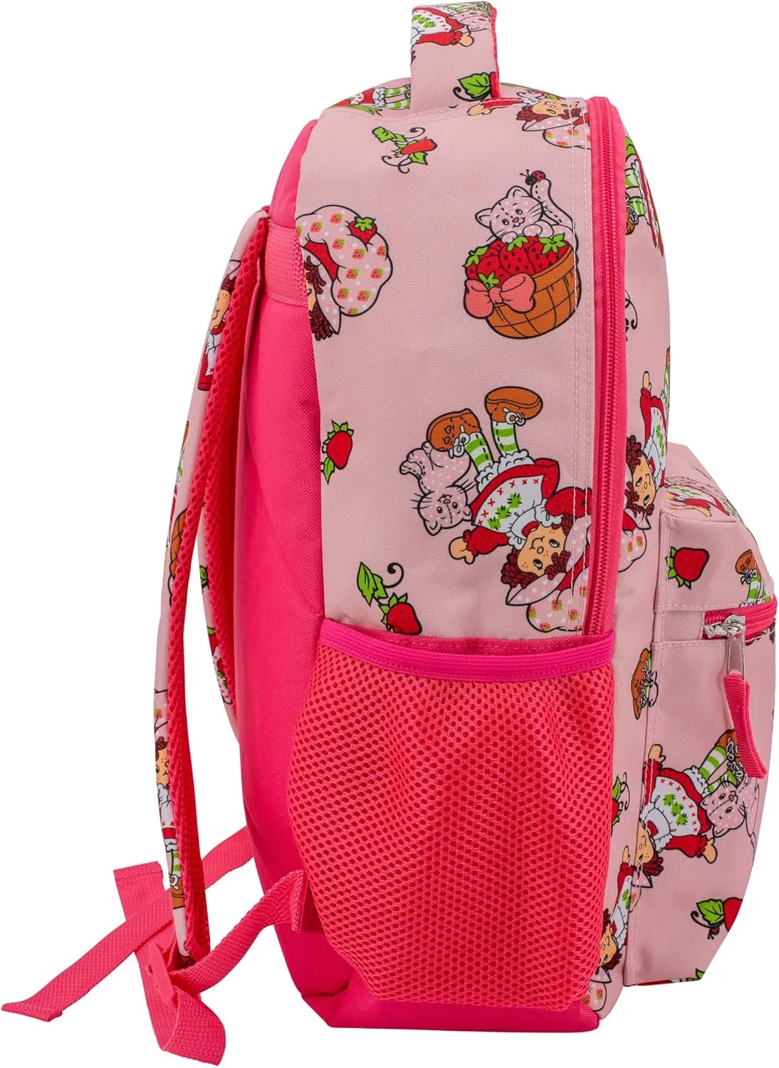 AI ACCESSORY INNOVATIONS Strawberry Shortcake 16” Backpack With Front Pocket for Girls, Allover Print Bookbag featuring Strawberry & Custard, Pink
