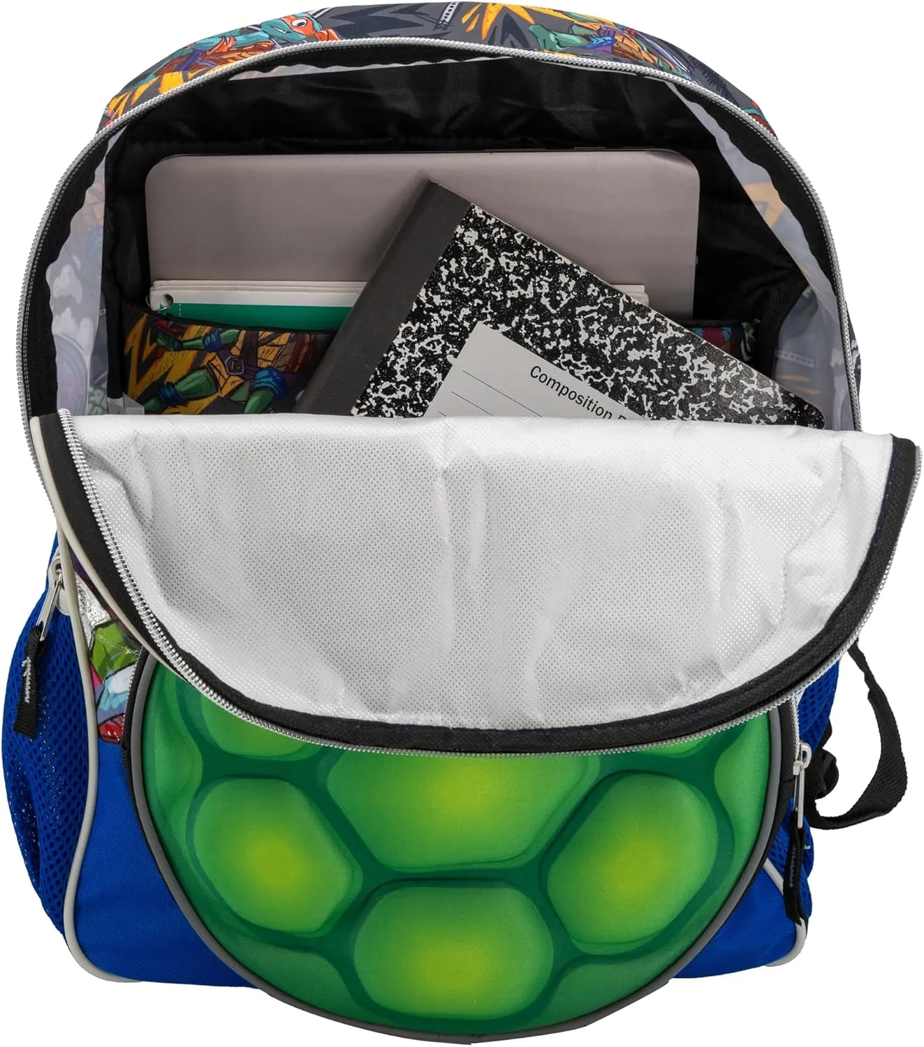 AI ACCESSORY INNOVATIONS Teenage Mutant Ninja Turtles Backpack, 16” TMNT School Bag Featuring a 3D EVA molded Turtle Shell Front Pocket, Blue & Green