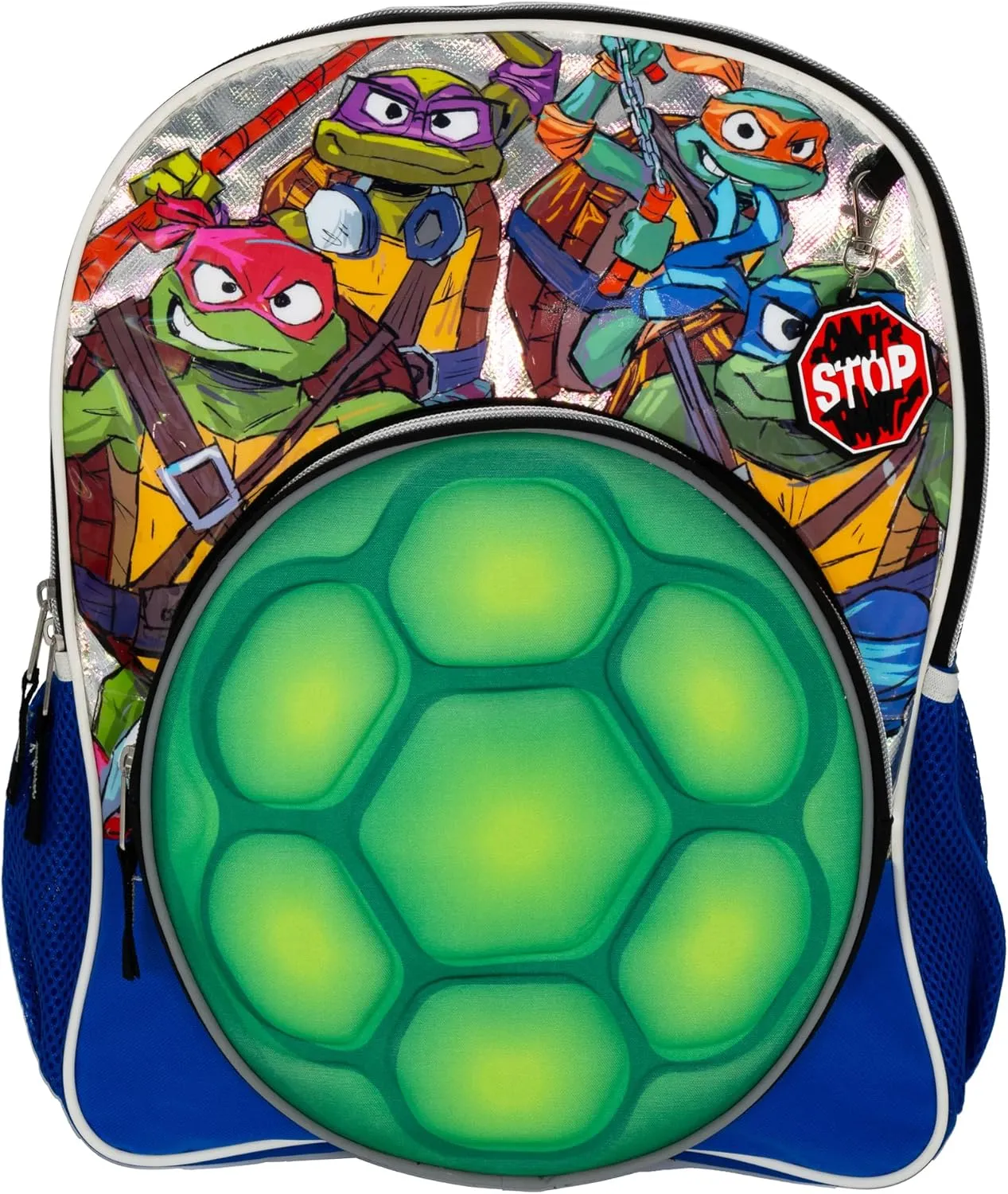 AI ACCESSORY INNOVATIONS Teenage Mutant Ninja Turtles Backpack, 16” TMNT School Bag Featuring a 3D EVA molded Turtle Shell Front Pocket, Blue & Green