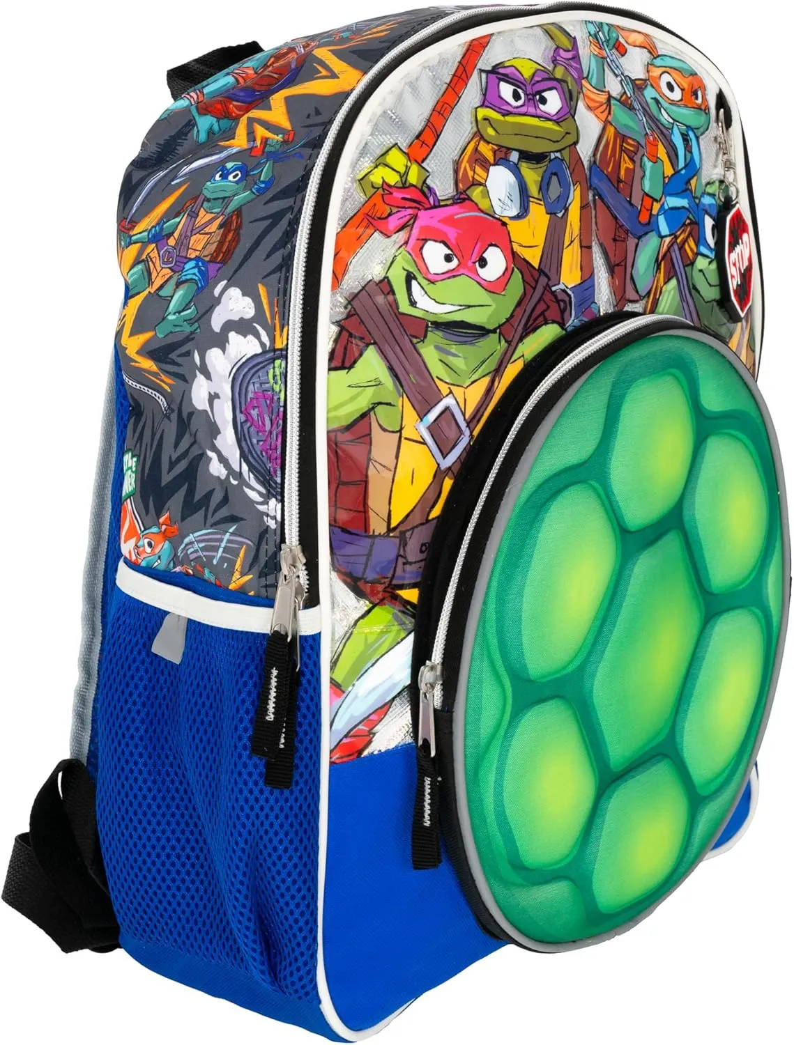 AI ACCESSORY INNOVATIONS Teenage Mutant Ninja Turtles Backpack, 16” TMNT School Bag Featuring a 3D EVA molded Turtle Shell Front Pocket, Blue & Green