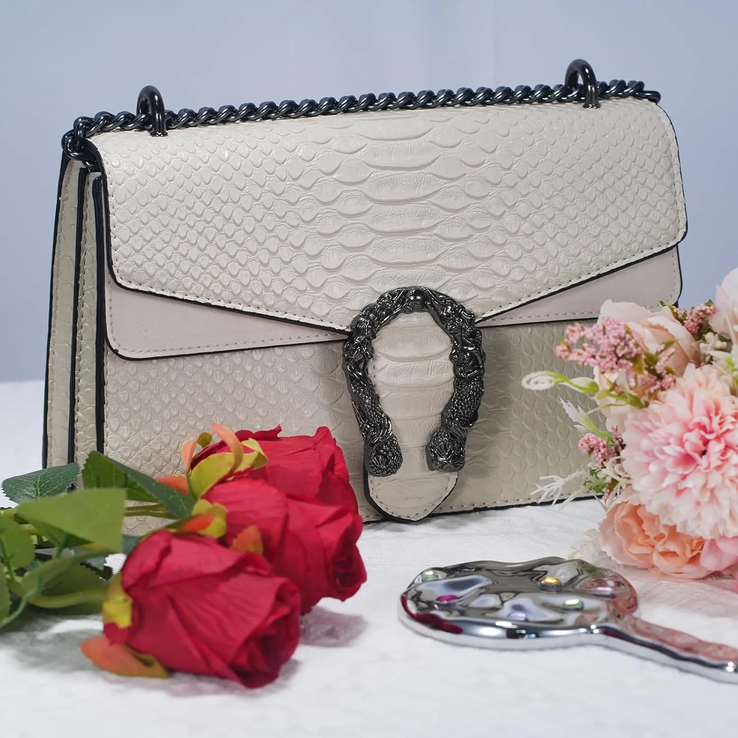 Aiqudou Crossbody Bag and Satchel Purse for Women - Fashion Snake Print Chain Purse Luxury PU Leather HandBag