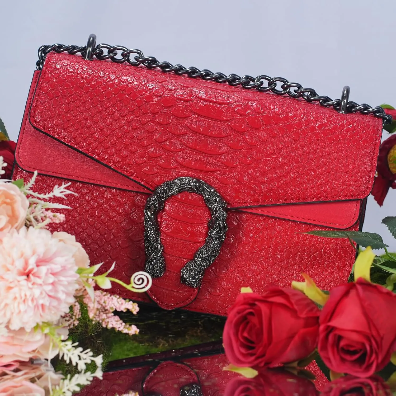 Aiqudou Crossbody Bag and Satchel Purse for Women - Fashion Snake Print Chain Purse Luxury PU Leather HandBag
