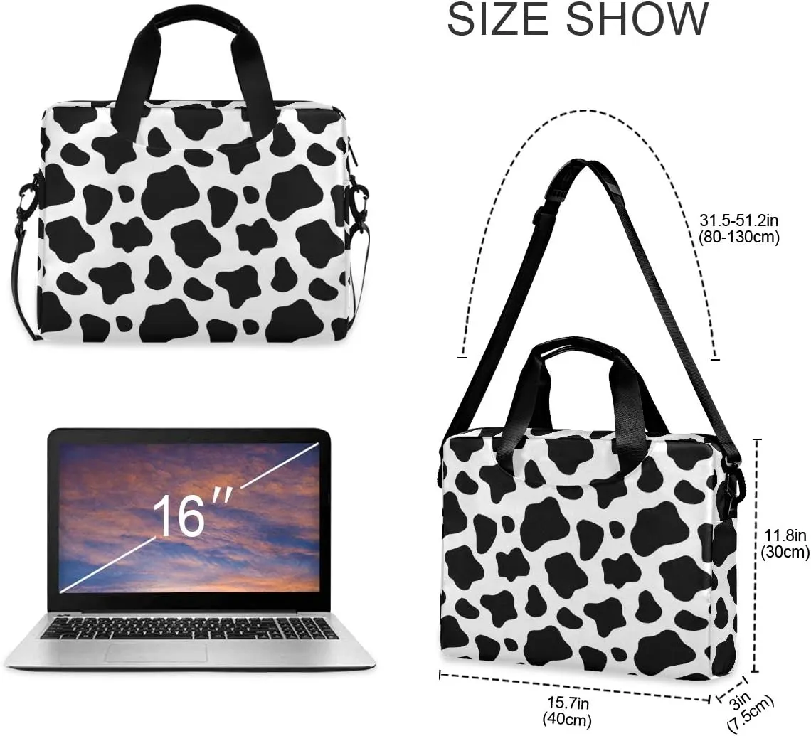 ALAZA Black and White Cow Print Laptop Case Bag Sleeve Portable Crossbody Messenger Briefcase w/Strap Handle, 13 14 15.6 inch