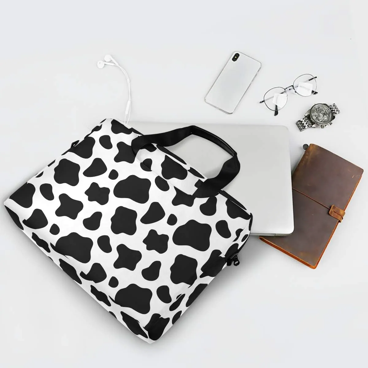 ALAZA Black and White Cow Print Laptop Case Bag Sleeve Portable Crossbody Messenger Briefcase w/Strap Handle, 13 14 15.6 inch