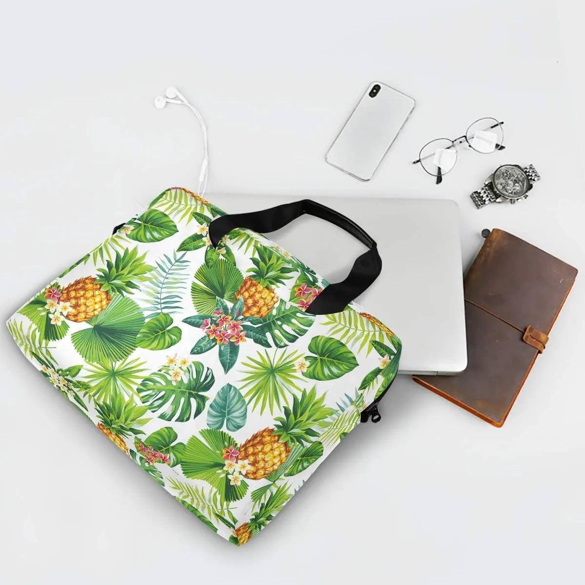 ALAZA Pineapple Tropical Palm Leaf and Flower Laptop Case Bag Sleeve Portable Crossbody Messenger Briefcase w/Strap Handle, 13 14 15.6 inch