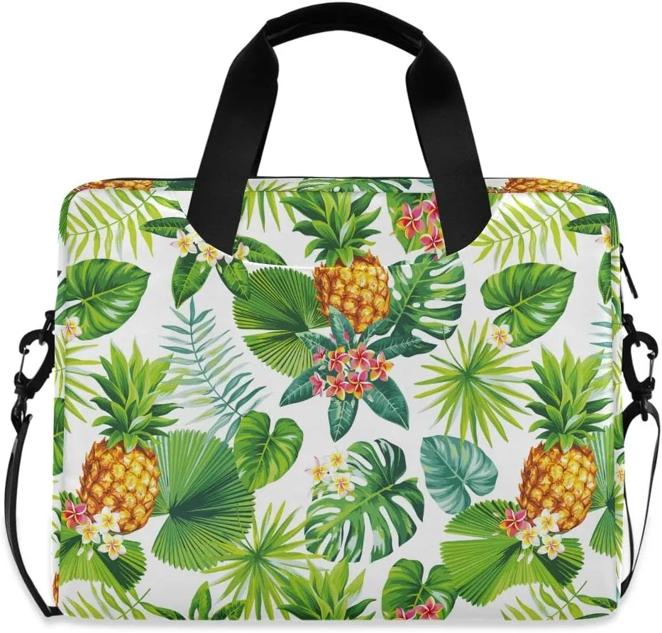 ALAZA Pineapple Tropical Palm Leaf and Flower Laptop Case Bag Sleeve Portable Crossbody Messenger Briefcase w/Strap Handle, 13 14 15.6 inch