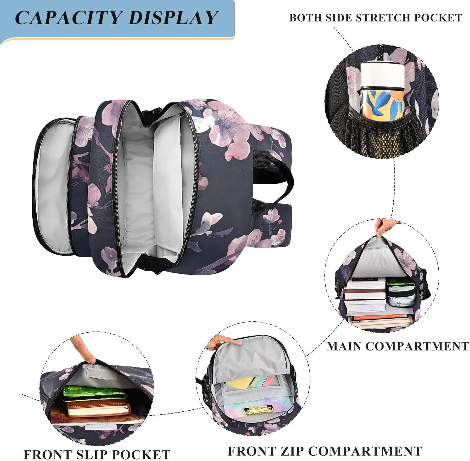 ALAZA Pink Purple Cherry Blossoms School Backpacks Travel Laptop Bag Kids Bookbag for Girls Boys Teens Women Men