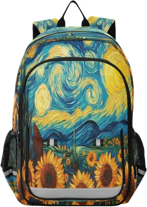 ALAZA Starry Night and Sunflowers School Backpacks Travel Laptop Bag Kids Bookbag for Girls Boys Teens Women Men