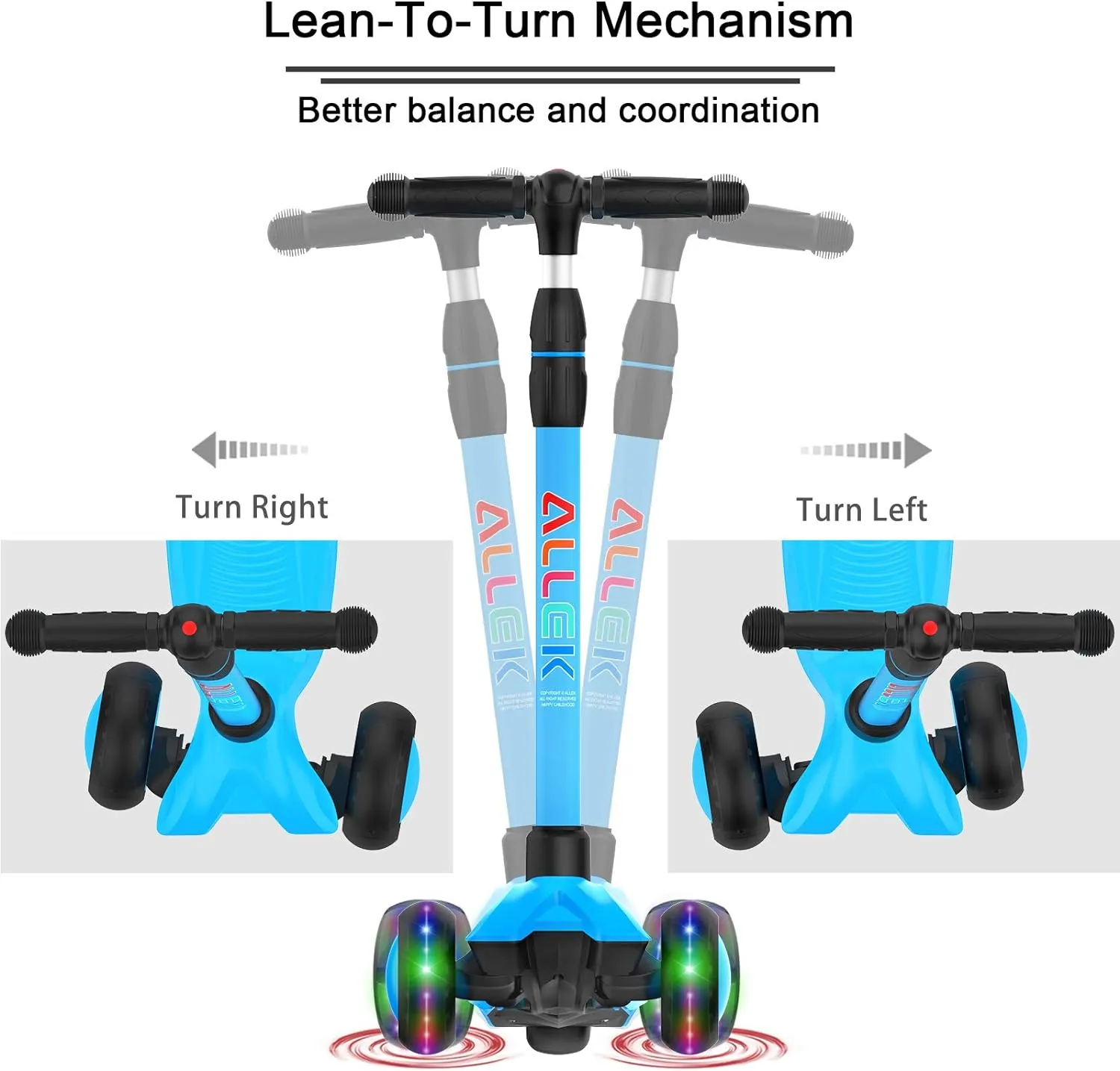 Allek Kick Scooter B03, Lean 'N Glide 3-Wheeled Push Scooter with Extra Wide PU Light-Up Wheels, Any Height Adjustable Handlebar and Strong Thick Deck for Children from 3-12yrs (Aqua Blue)