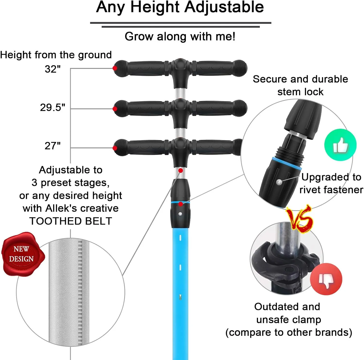 Allek Kick Scooter B03, Lean 'N Glide 3-Wheeled Push Scooter with Extra Wide PU Light-Up Wheels, Any Height Adjustable Handlebar and Strong Thick Deck for Children from 3-12yrs (Aqua Blue)