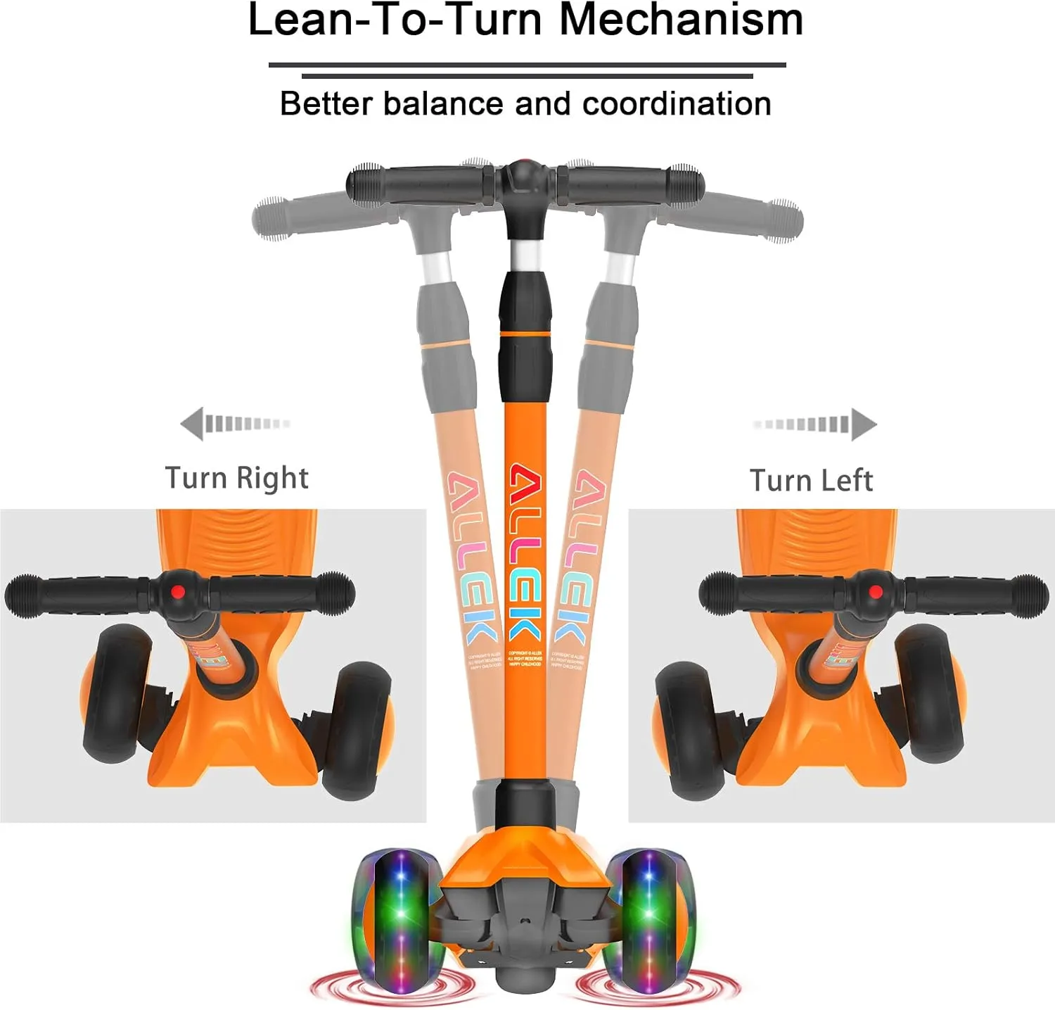 Allek Kick Scooter B03, Lean 'N Glide 3-Wheeled Push Scooter with Extra Wide PU Light-Up Wheels, Any Height Adjustable Handlebar and Strong Thick Deck for Children from 3-12yrs (Orange)
