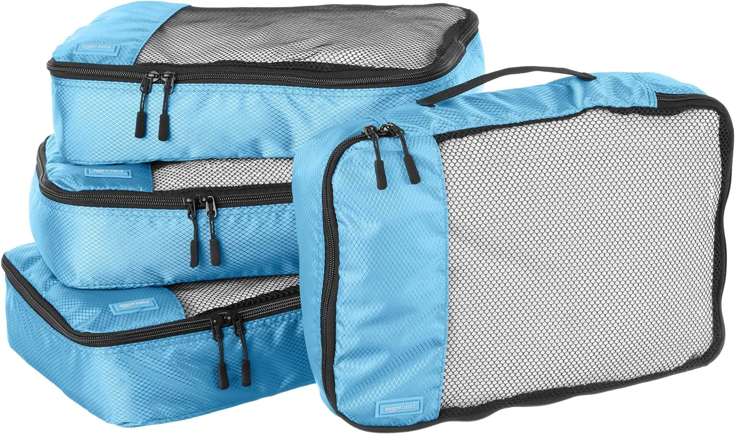Amazon Basics Medium Packing Cubes for Travel, Packing Organizers, 4-Piece-Set With Double Zipper Pulls and Mesh Top Panel, 100% Durable Polyester, Sky Blue, 13.8"L x 9.8"W x 3"H