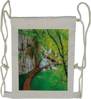 Ambesonne Nature Drawstring Backpack, Cascade Trees Greenery, Sackpack Bag
