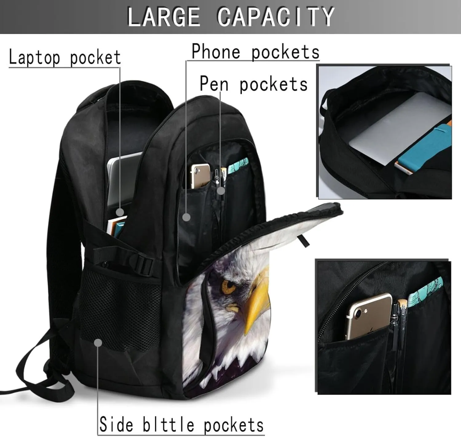 American Bald Eagle Backpack, 18 Inch Travel Business Laptop Backpack With Usb Port For Women Men