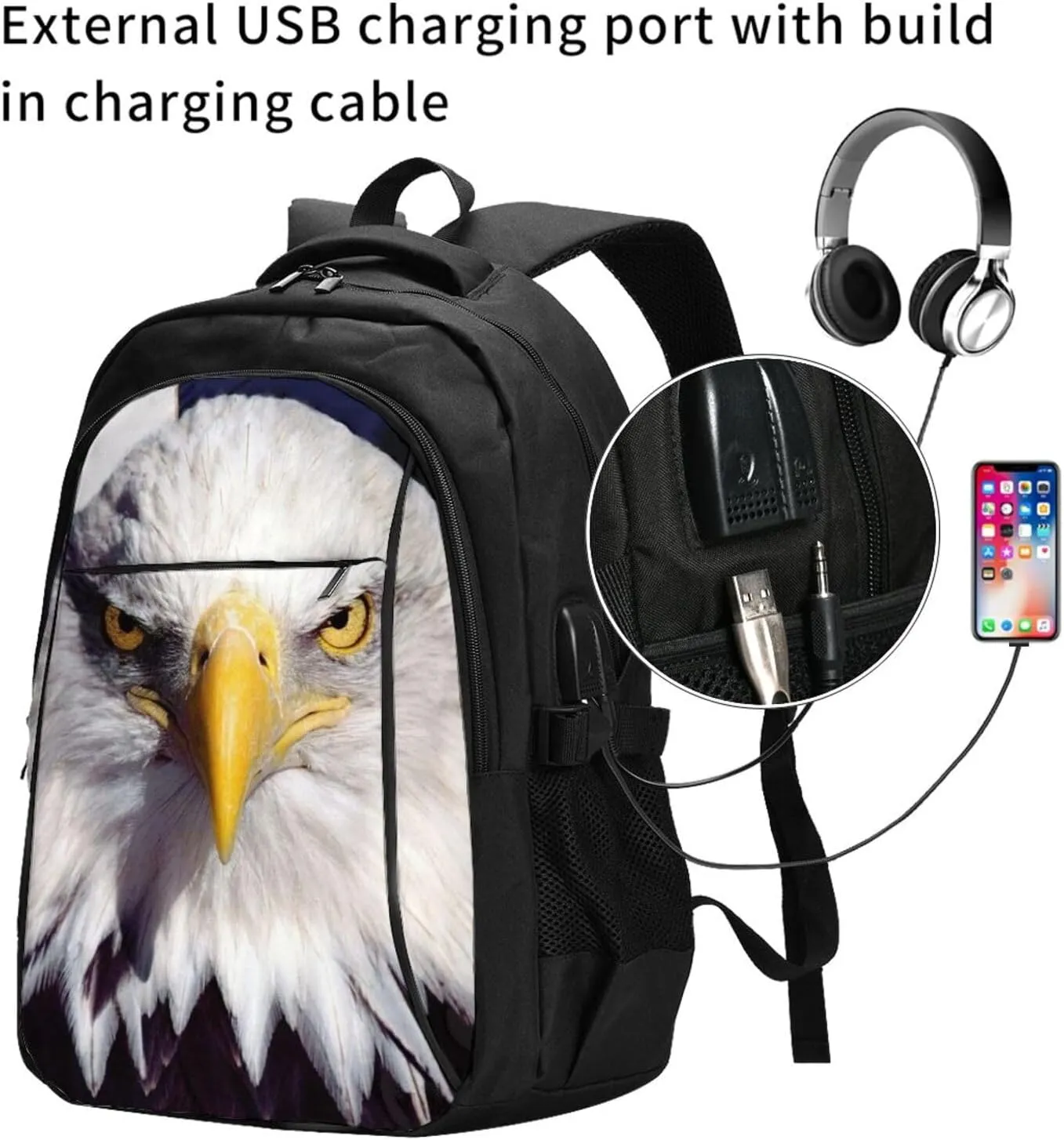 American Bald Eagle Backpack, 18 Inch Travel Business Laptop Backpack With Usb Port For Women Men