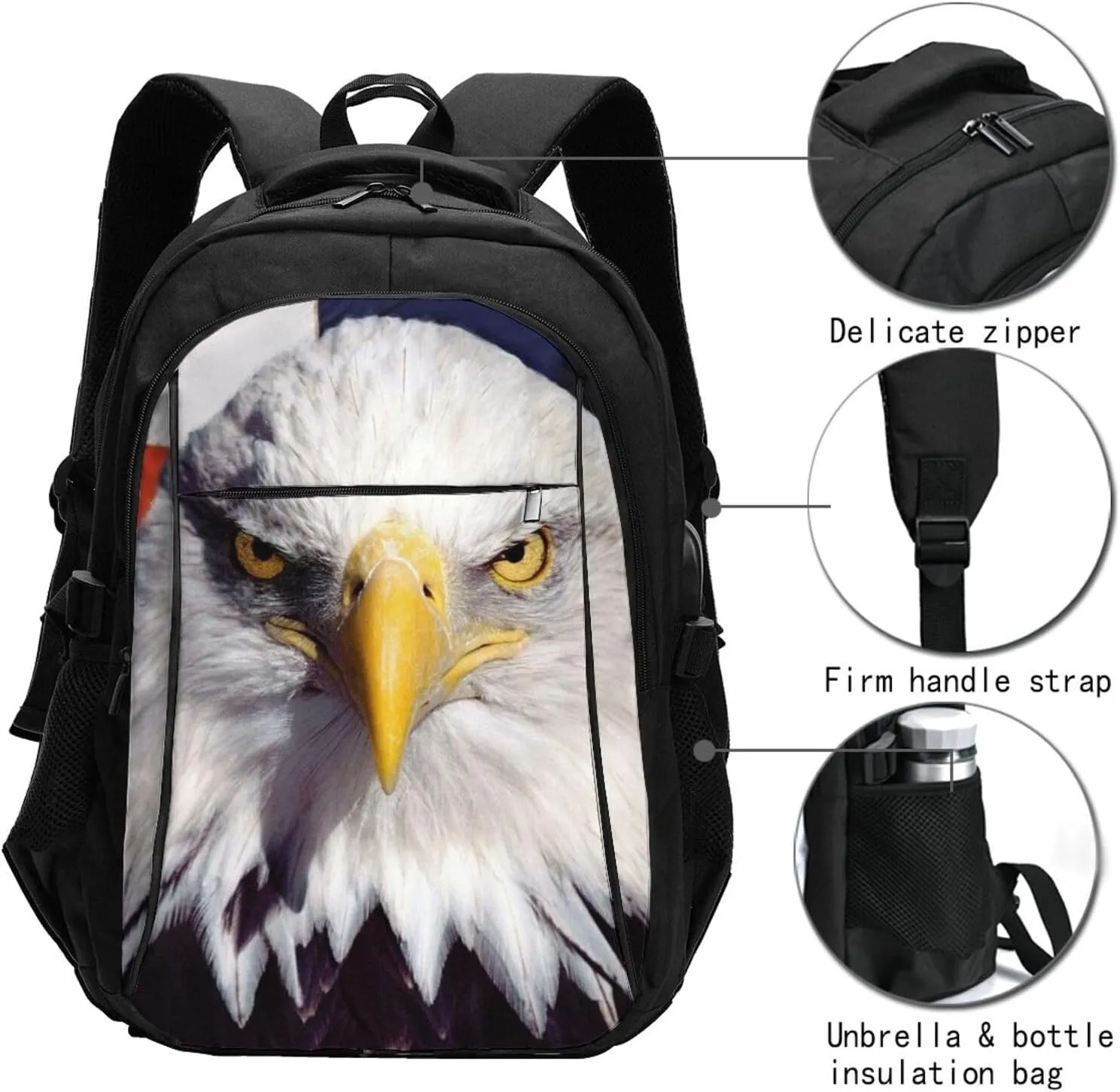 American Bald Eagle Backpack, 18 Inch Travel Business Laptop Backpack With Usb Port For Women Men