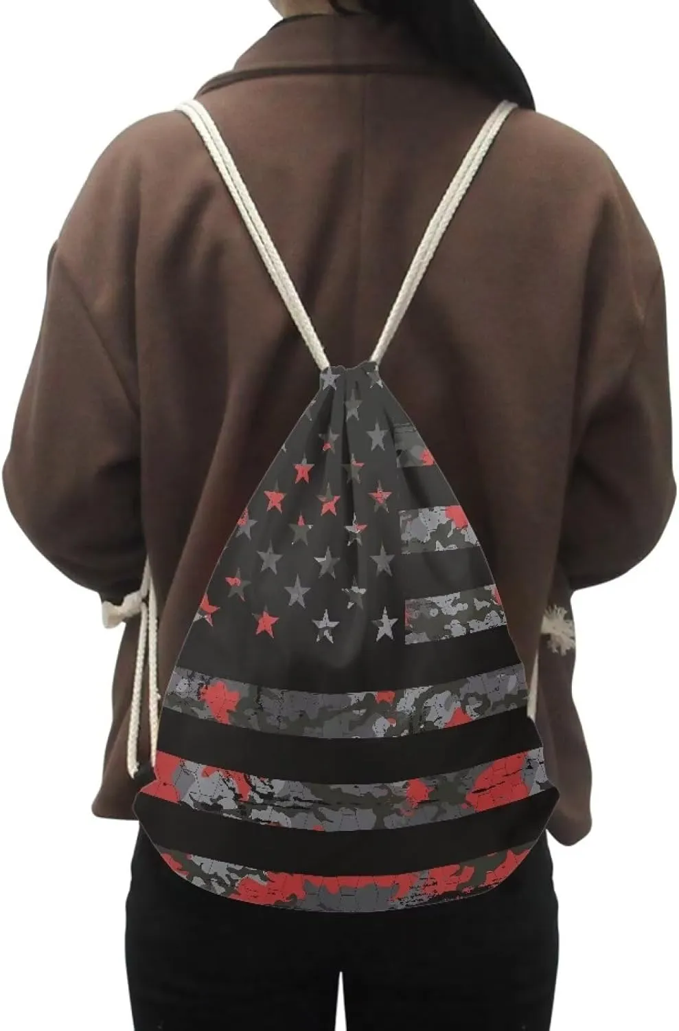 American Flag Drawstring Gym Bag for Men Boys Portable Camping String Bag Soft Drawstring Backpack Lightwight Sackpack