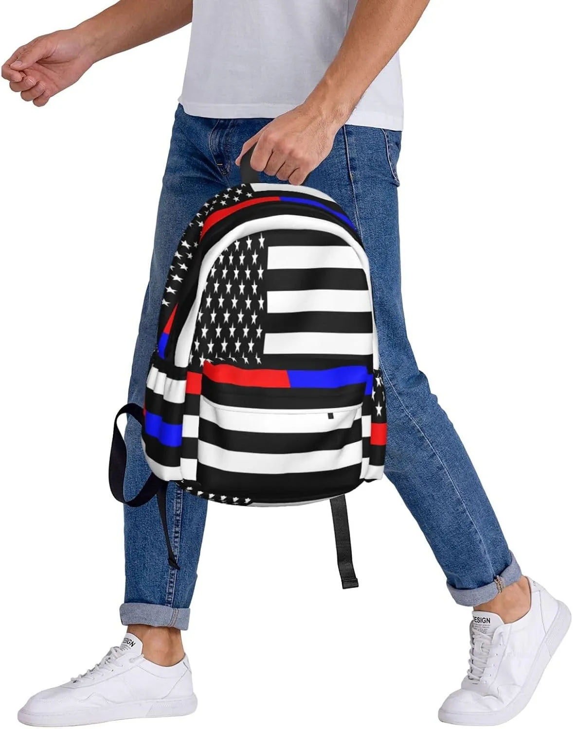 American Flags Thin Blue Red Line Casual Backpacks Large Travel Backpack Laptop Rucksack Sports Daypack Adjustable Strap Bag for Camping Hiking