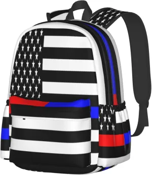 American Flags Thin Blue Red Line Casual Backpacks Large Travel Backpack Laptop Rucksack Sports Daypack Adjustable Strap Bag for Camping Hiking