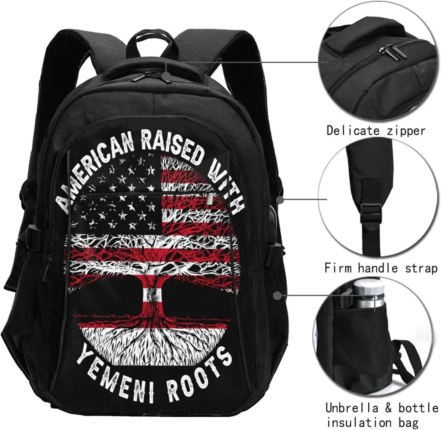 American Yemen Flag Yemeni Roots Business Laptop Backpack Travel Backpacks Outdoor Rucksack Large Bag Daypack with USB Charging Port Multi-Pocket for Hiking Camping