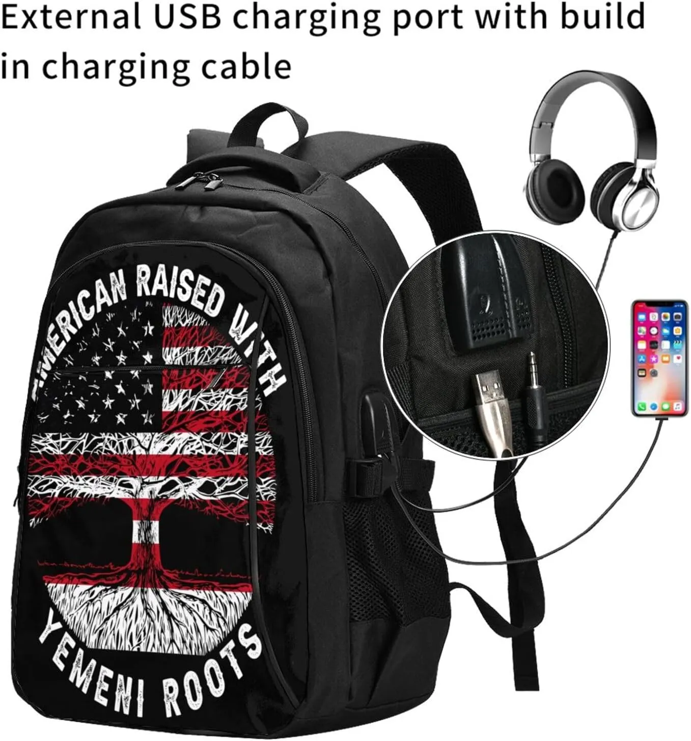 American Yemen Flag Yemeni Roots Business Laptop Backpack Travel Backpacks Outdoor Rucksack Large Bag Daypack with USB Charging Port Multi-Pocket for Hiking Camping