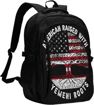 American Yemen Flag Yemeni Roots Business Laptop Backpack Travel Backpacks Outdoor Rucksack Large Bag Daypack with USB Charging Port Multi-Pocket for Hiking Camping