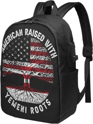 American Yemen Flag Yemeni Roots Laptop Backpacks Travel Backpack Casual Business Daypack Sport Rucksack Computer Bag Fits up to 17 Inch Notebook with USB Port