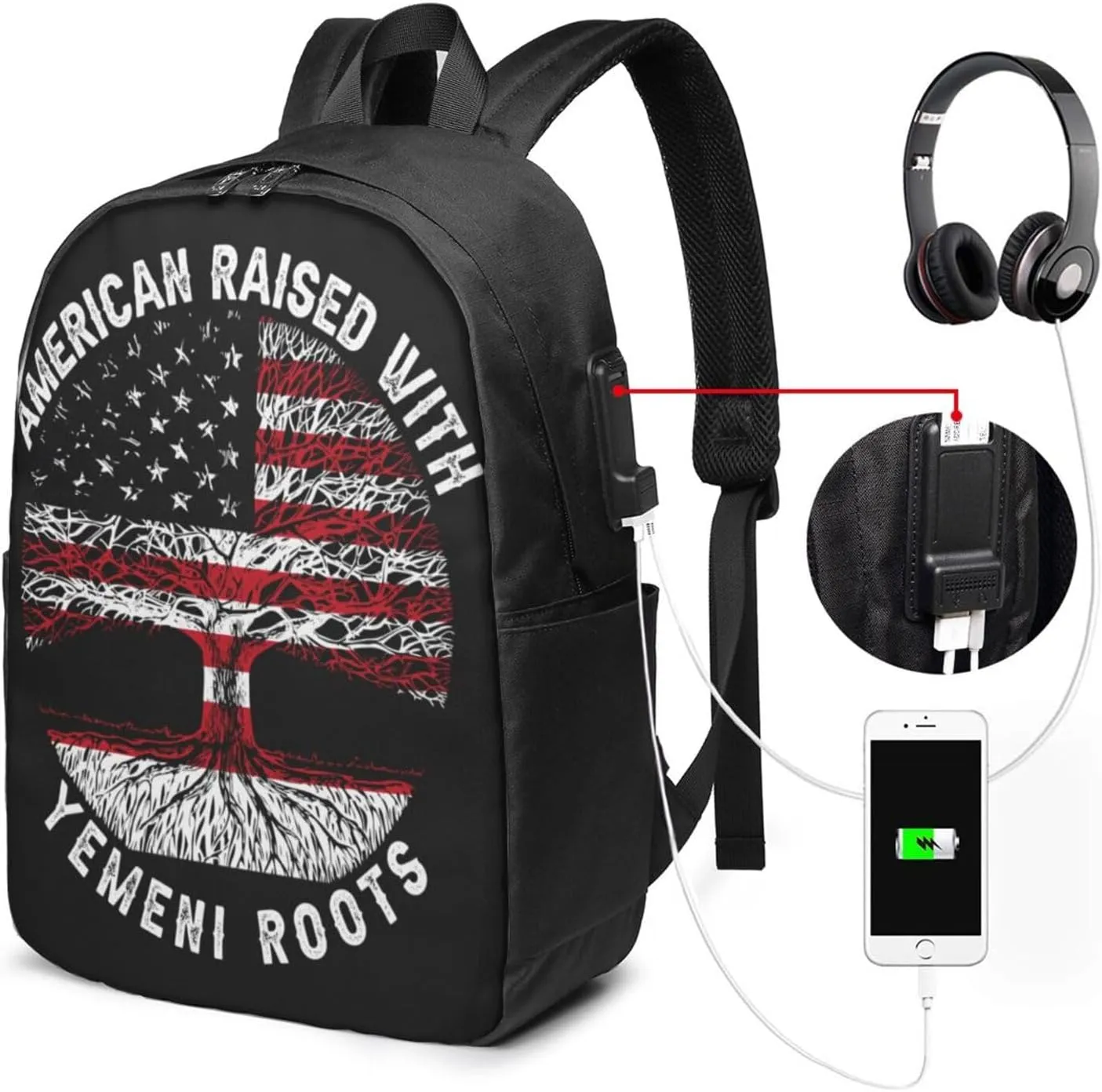 American Yemen Flag Yemeni Roots Laptop Backpacks Travel Backpack Casual Business Daypack Sport Rucksack Computer Bag Fits up to 17 Inch Notebook with USB Port