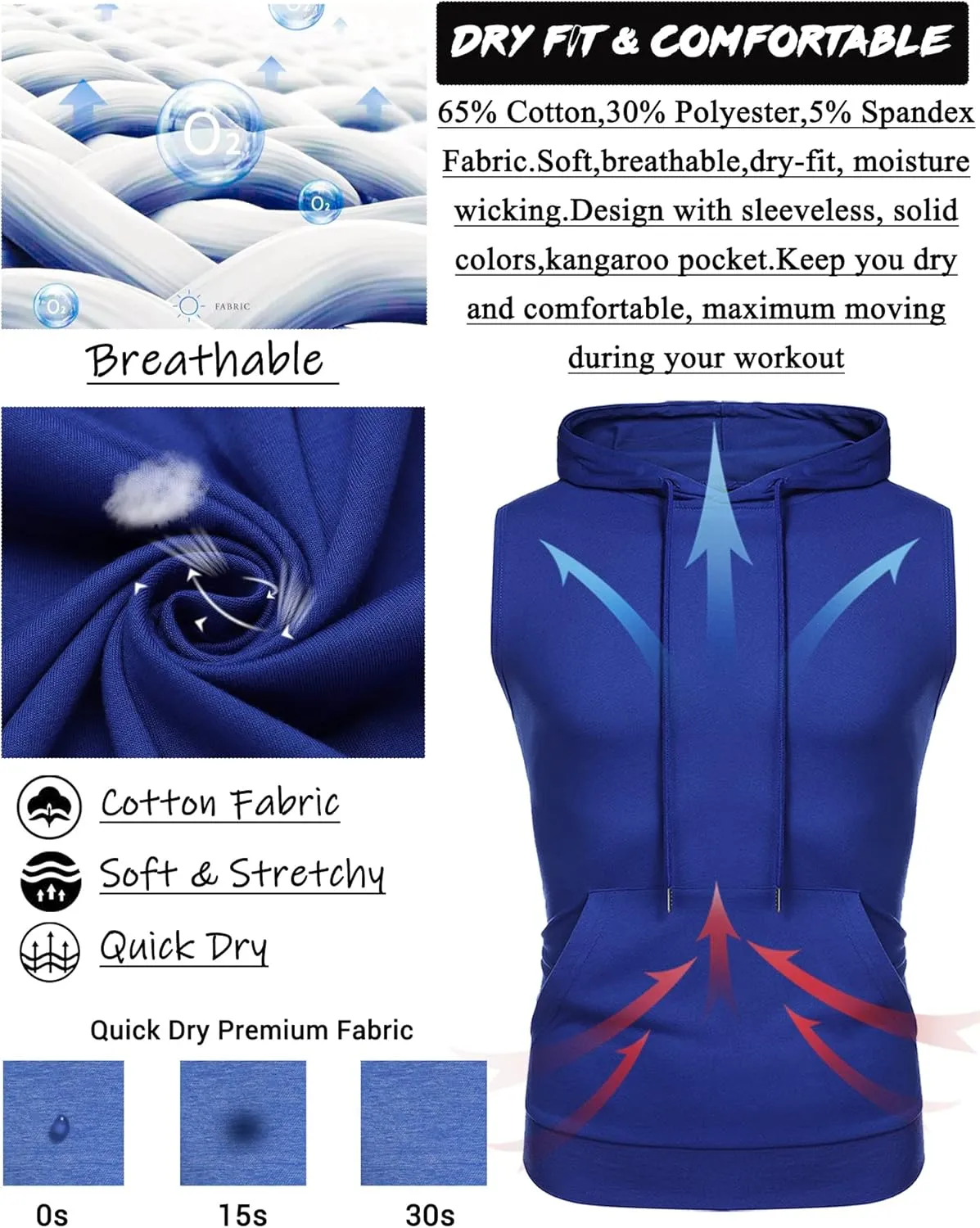 Amussiar Men's Workout Hooded Tank Tops Sleeveless Gym Training Hoodies Bodybuilding Muscle Cut Off T Shirt