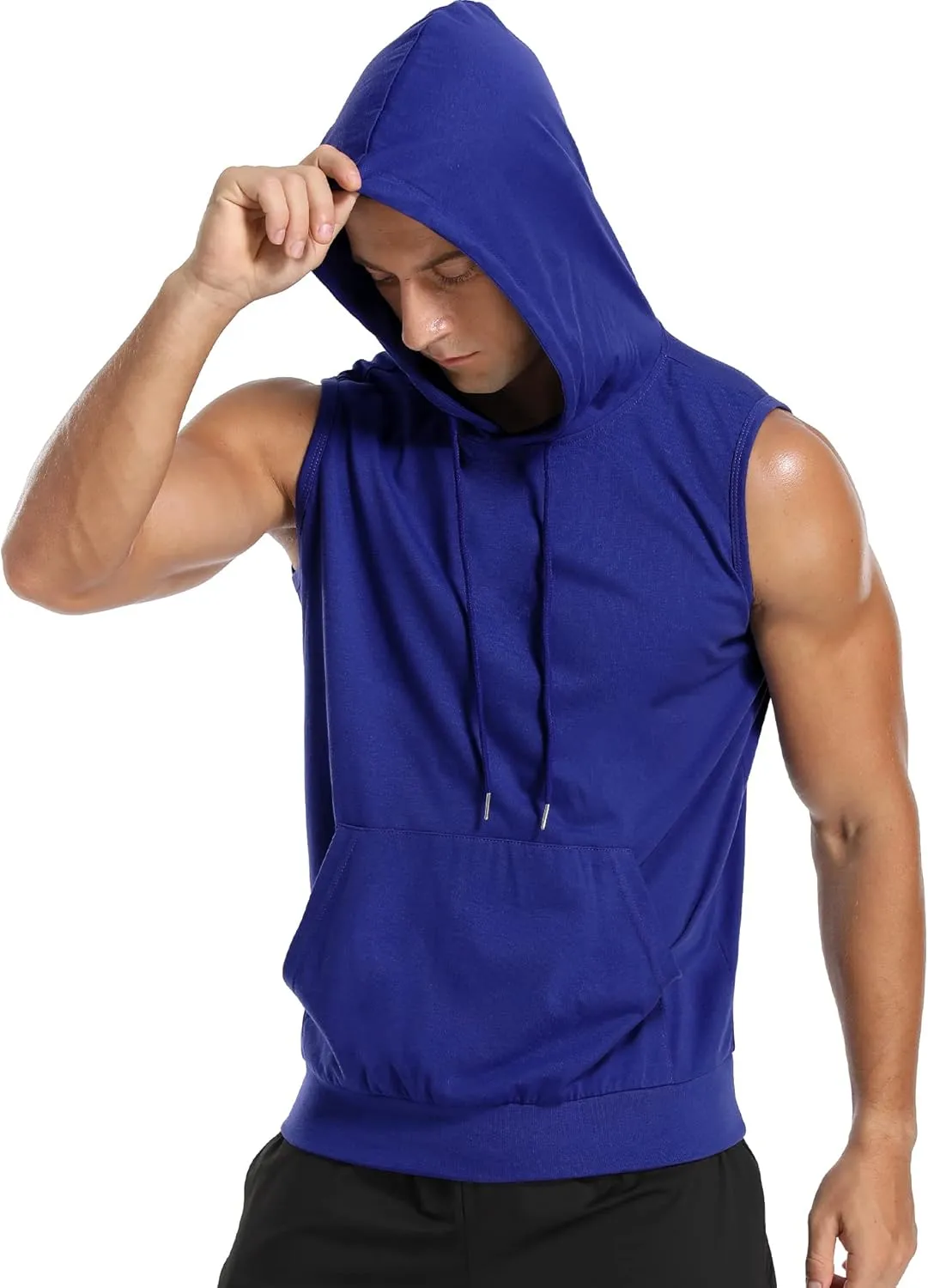 Amussiar Men's Workout Hooded Tank Tops Sleeveless Gym Training Hoodies Bodybuilding Muscle Cut Off T Shirt