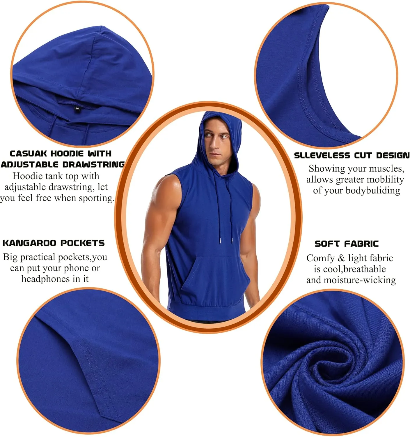 Amussiar Men's Workout Hooded Tank Tops Sleeveless Gym Training Hoodies Bodybuilding Muscle Cut Off T Shirt